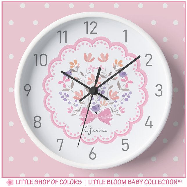 Personalized Pink Floral Girls Nursery Wall Clock (Creator Uploaded)