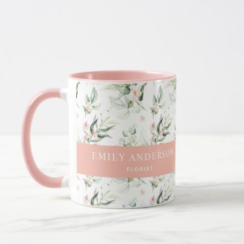 Personalized Pink Floral Greenery Elegant Florist Mug