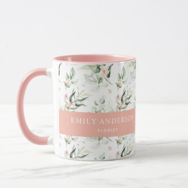 Personalized Pink Floral Greenery Elegant Florist Mug (Left)