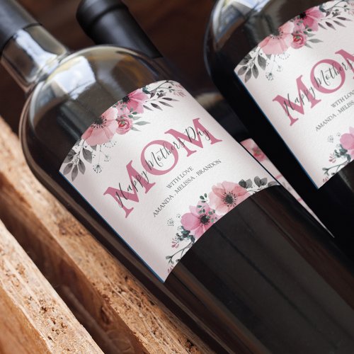 Personalized Pink Floral Happy Mothers Day Wine Label