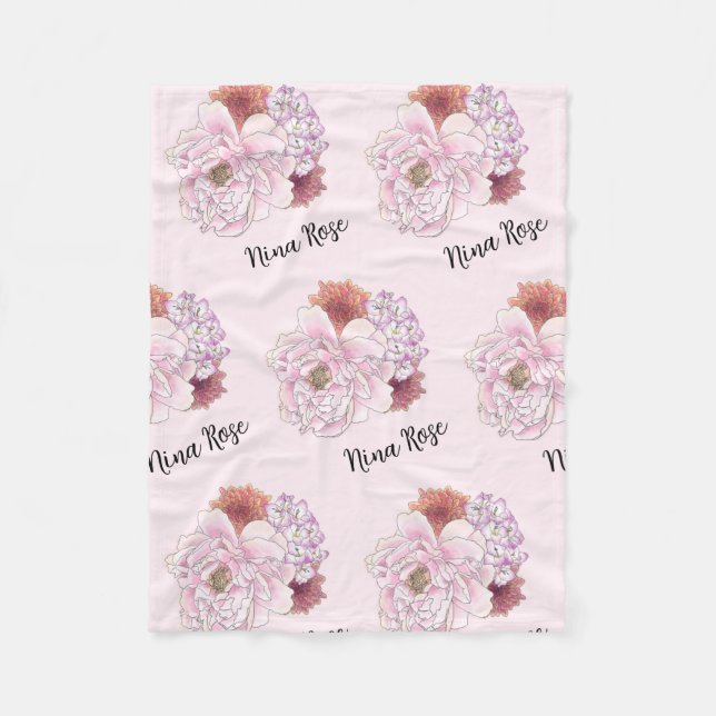 Personalized Pink Floral Kids Blanket with Name (Front)