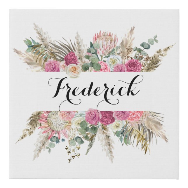 Personalized Pink Floral Last Name  Faux Canvas Print (Front)