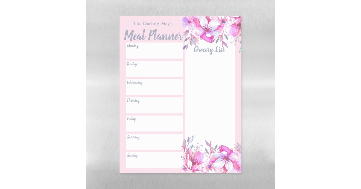 Personalized Pink Floral Meal Planner Grocery List Magnetic Dry Erase ...