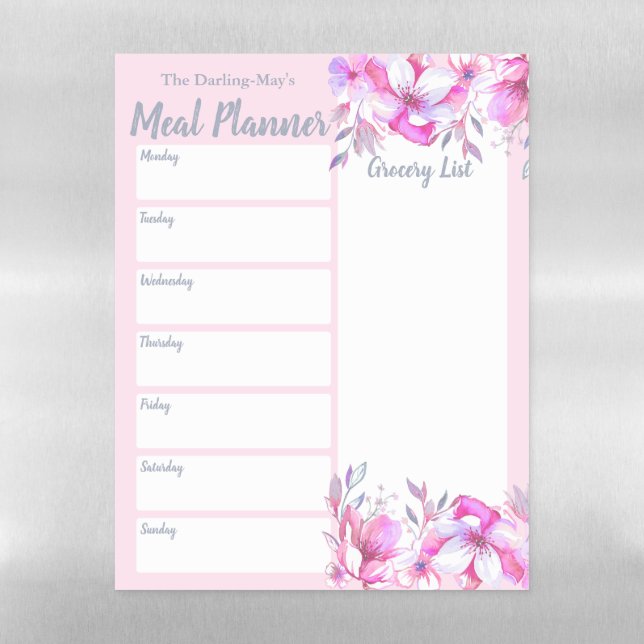 Personalized Pink Floral Meal Planner Grocery List Magnetic Dry Erase Sheet (Vertical)