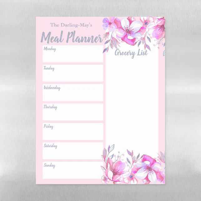 Personalized Pink Floral Meal Planner Grocery List Magnetic Dry Erase ...