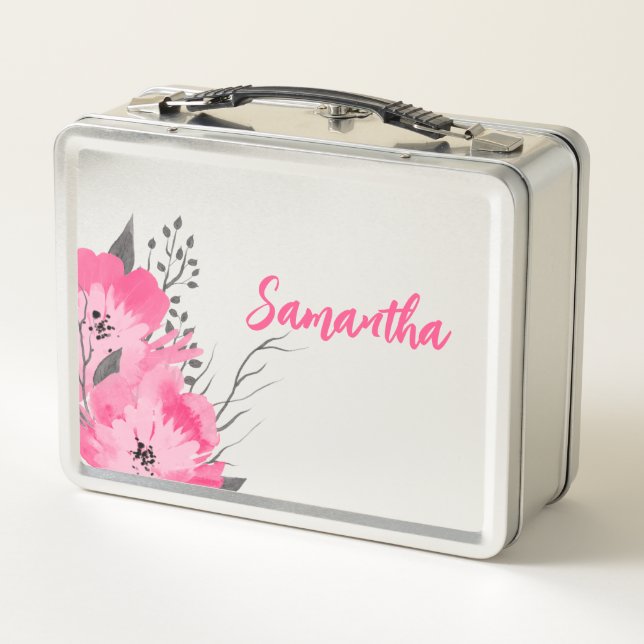 Personalized Pink Floral Metal Lunch Box (Back)