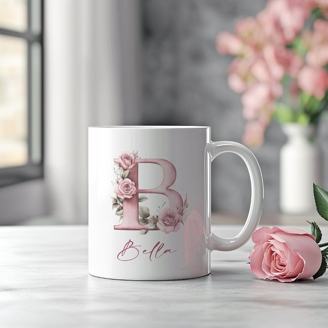 Personalized Pink Floral Monogram B Design Coffee Mug (Creator Uploaded)