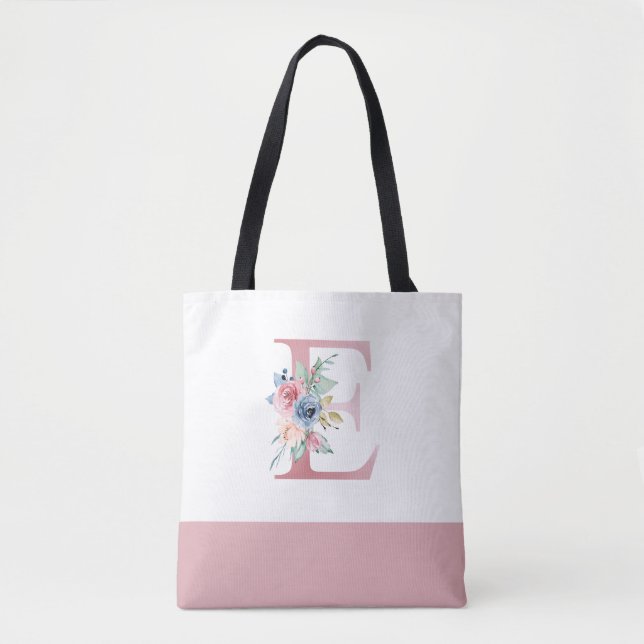 Personalized Pink Floral Monogram Letter E Tote Bag (Front)