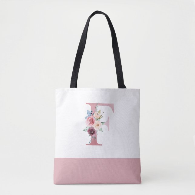 Personalized Pink Floral Monogram Letter F Tote Bag (Front)