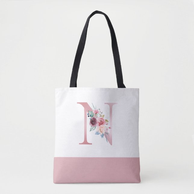 Personalized Pink Floral Monogram Letter N Tote Bag (Front)