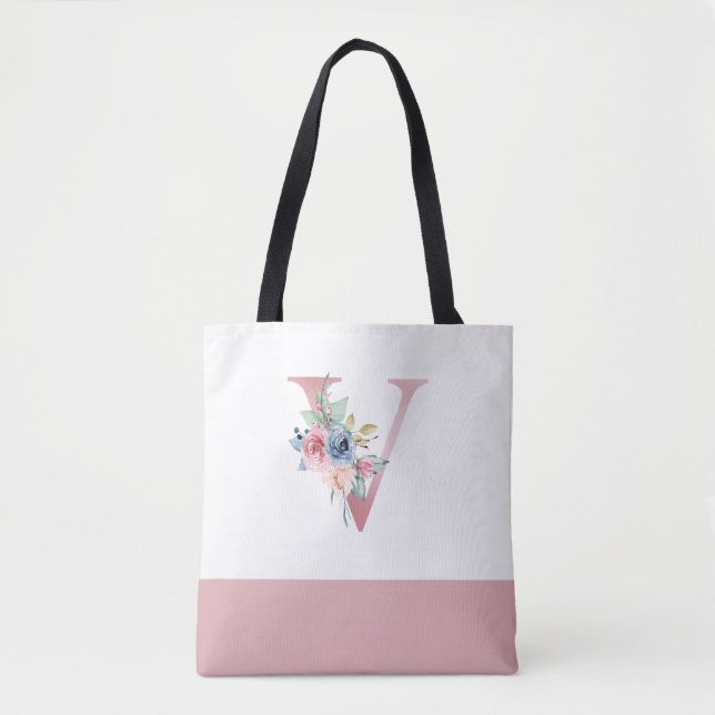 Personalized Pink Floral Monogram Letter V Tote Bag (Front)