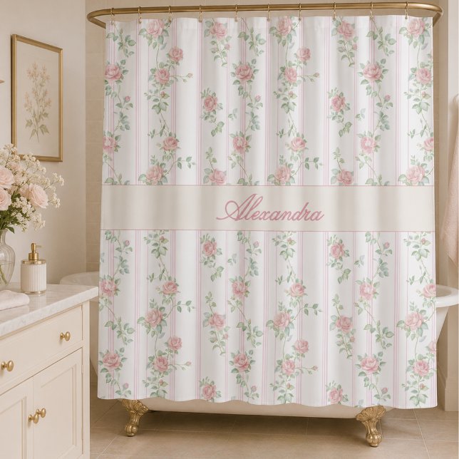 Personalized Pink Floral Monogram Shower Curtain (elegant grandmillennial coquette cottagecore pink floral rose shower curtain with custom monogram)