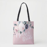 Personalized pink floral mother of the bride tote bag<br><div class="desc">Watercolor botanical floral and greenery in soft blush pink and navy blue,  with customizable "mother of the bride" script and custom name on the back,  elegant and romantic,   great personalized gifts for mother of the bride.</div>