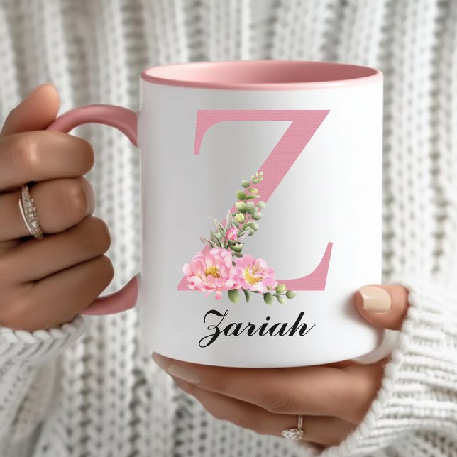 Personalized Pink Floral Mug Gift for Bridesmaids (Pink Roses Monogram Mug Graduation Gift for Her, Personalized Floral Rose Mug Christmas Gift for Mom)