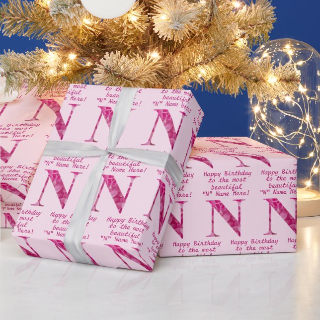 Personalized Pink Floral "N" Monogram Art Birthday Wrapping Paper (Holidays)