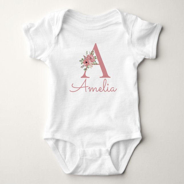 Personalized Pink Floral Name New Baby Girl Gift Baby Bodysuit (Front)