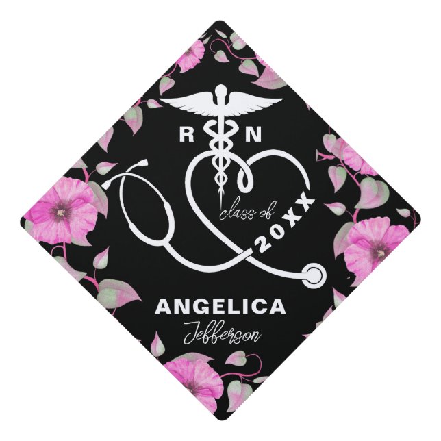 Personalized Pink Floral Nursing School RN Graduation Cap Topper (Front)