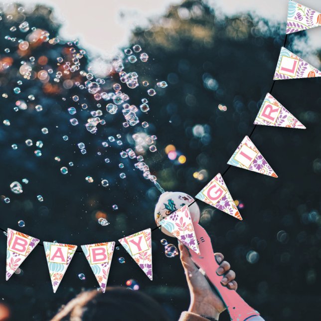 Personalized Pink Floral Patten Baby Girl Bunting Flags (Creator Uploaded)