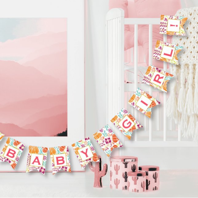 Personalized Pink Floral Patten Baby Girl Bunting Flags (Yout text here.  Any custom message. Enter design tool to customize more.)