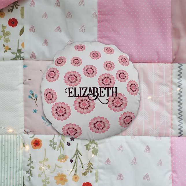 Personalized Pink Floral Pattern Round Pillow (Creator Uploaded)