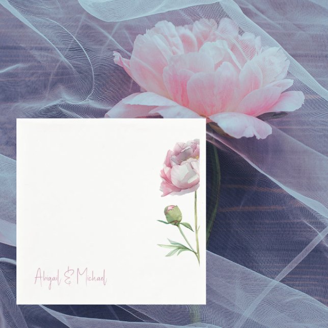 Personalized Pink Floral Peoneis Wedding Cocktail Napkins (Creator Uploaded)