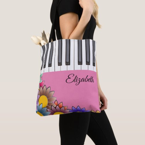 Personalized Pink Floral Piano Music Tote Bags