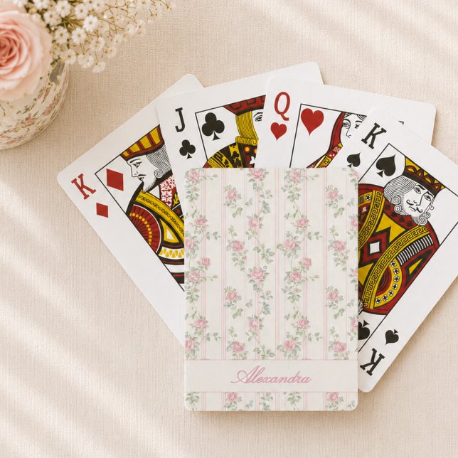 Personalized Pink Floral Poker Cards (elegant girly grandmillennial coquette pink rose floral playing cards with custom name monogram)
