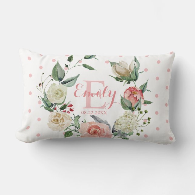 Personalized Pink Floral Polka Dots Girl Nursery Lumbar Pillow (Front)