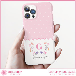 Personalized Pink Floral Polka Dots Monogram iPhone 16 Case