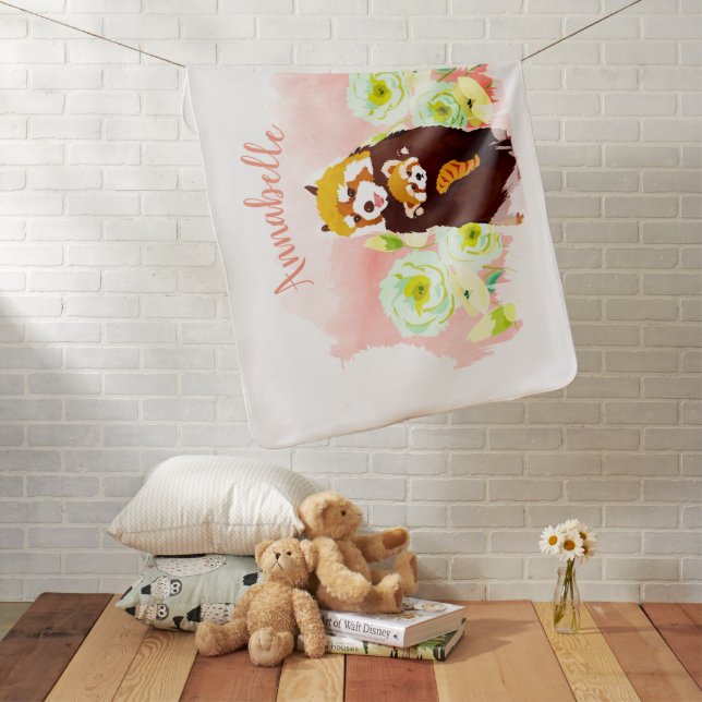 Personalized Pink Floral Red Panda Baby Blanket (In Situ)