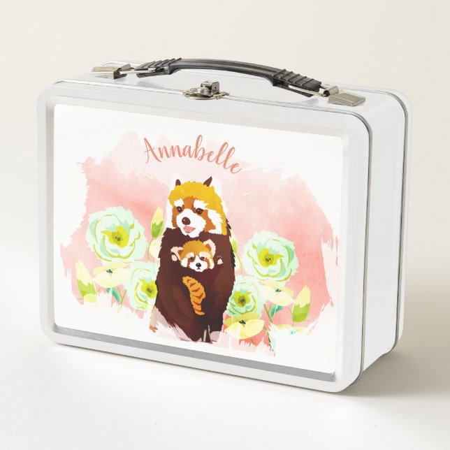 Personalized Pink Floral Red Panda Lunch Box (Front)