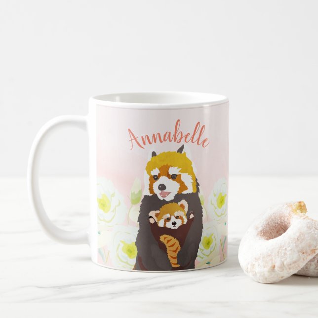 Personalized Pink Floral Red Panda Mom Baby Mug (With Donut)