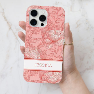 Personalized Pink Floral Red Peony Flowers Name iPhone 15 Pro Max Case