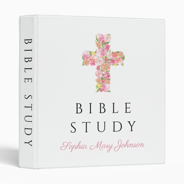 Personalized Pink Floral Religious Cross 3 Ring Binder (Front/Spine)