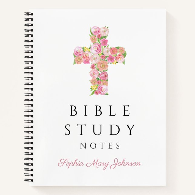 Personalized Pink Floral Religious Cross Notebook (Front)