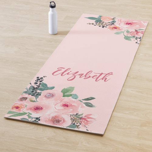 Personalized Pink Floral Roses Yoga Mat
