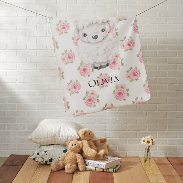 Personalized Pink Floral Sheep Baby Baby Blanket (In Situ)