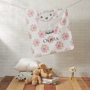 Personalized Pink Floral Sheep Baby Blanket
