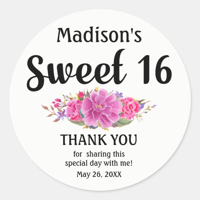 Personalized Pink Floral Sweet Sixteen Birthday Classic Round Sticker (Front)
