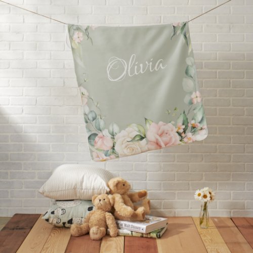 Personalized Pink Floral Watercolor Green Baby Blanket