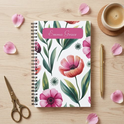 Personalized Pink Floral Watercolor Spiral Planner