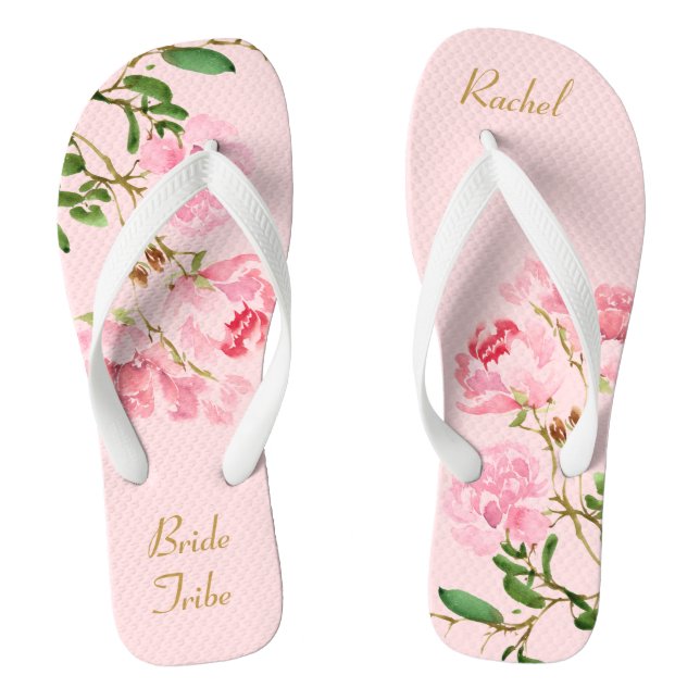 Personalized Pink Floral Wedding Bride Tribe Flip  Flip Flops (Footbed)