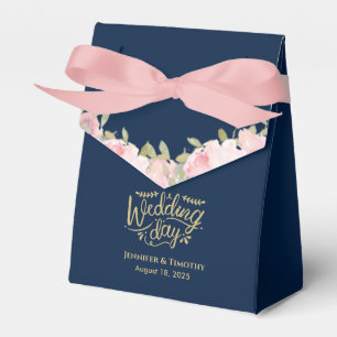 Personalized Pink Floral Wedding Day Navy Blue Favor Boxes