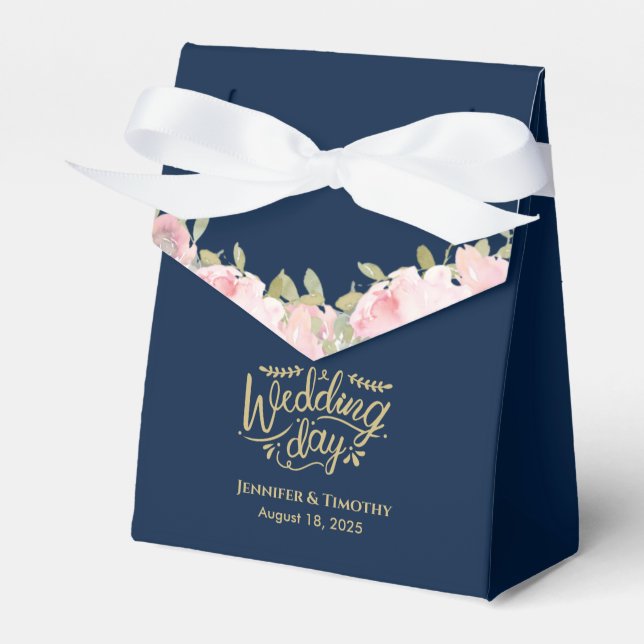 Personalized Pink Floral Wedding Day Navy Blue   Favor Boxes (Front Side)