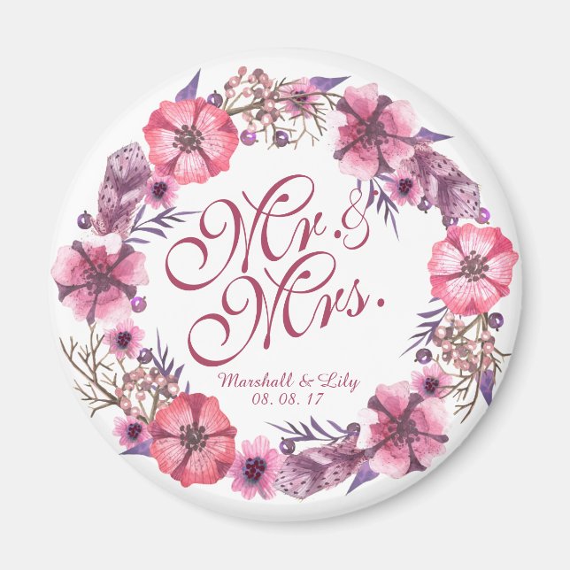 Personalized Pink Floral Wedding | Magnet (Front)