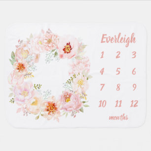 Personalized Pink Floral Wreath Milestone Photo Baby Blanket