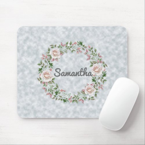 Personalized Pink Floral Wreath on Light Blue Mouse Pad