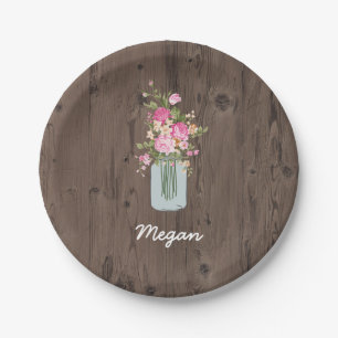 Personalized Pink Flower Mason Jar on Dark Wood Paper Plates