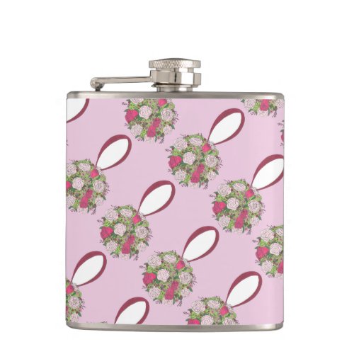 Personalized Pink Flower Rose Wedding Bouquet Hip Flask