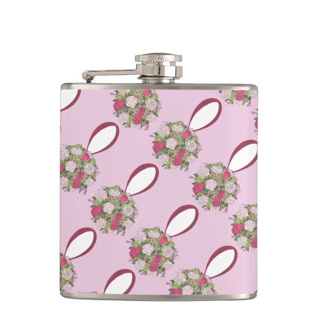 Personalized Pink Flower Rose Wedding Bouquet Hip Flask (Front)